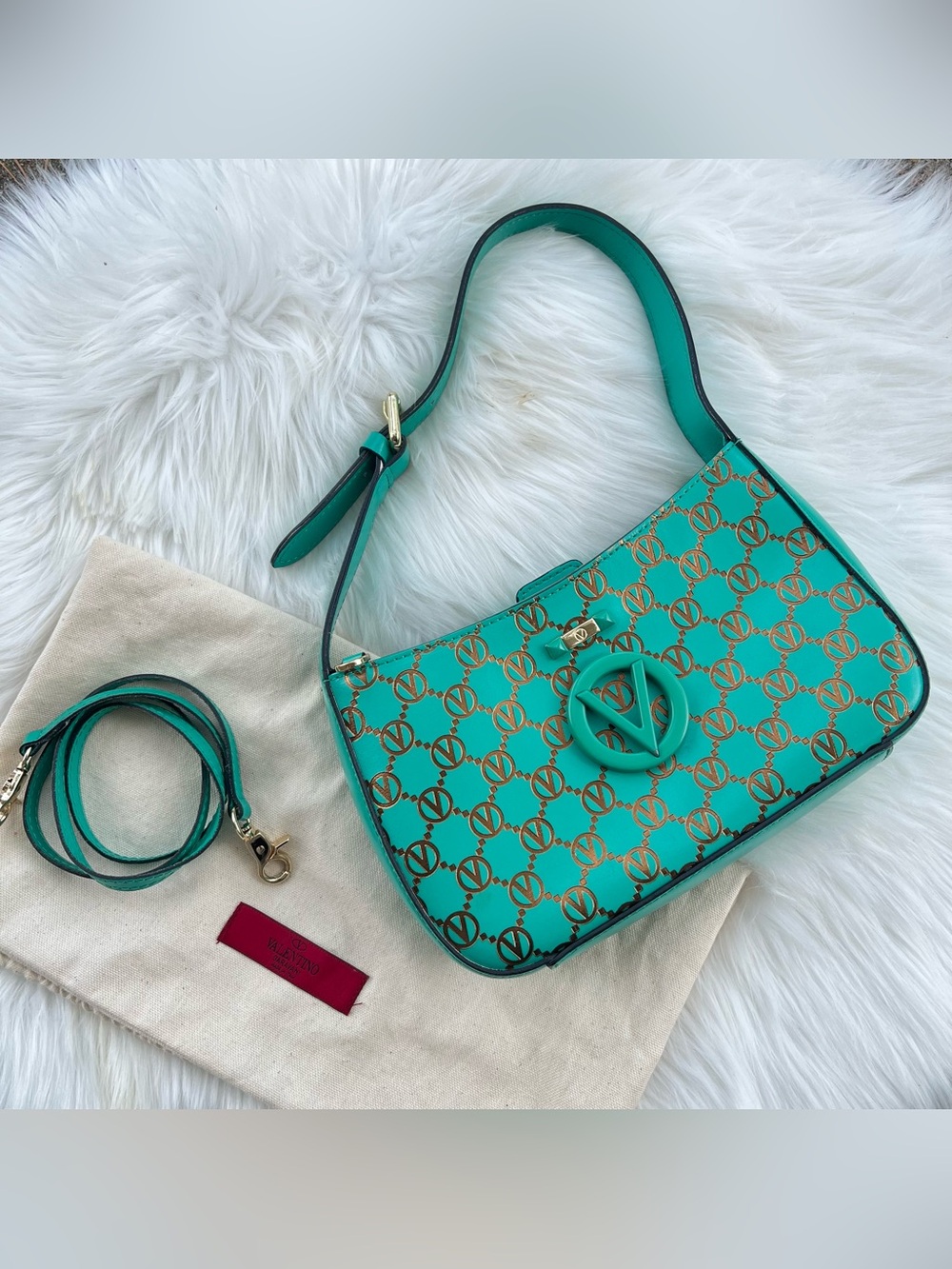 VALENTINO Turquoise Gold Vlogo Hobo Baguette Hobo Crossbody
